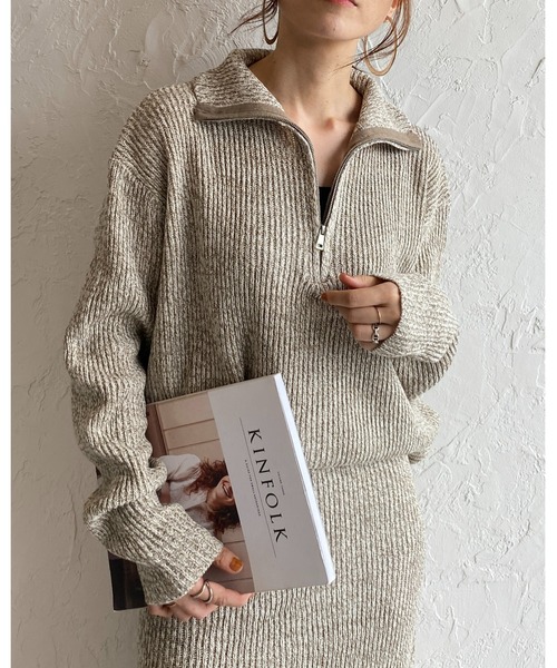 She's Closet（シーズクローゼット）の「ミックスカラーローゲージ長袖ハーフジッププルオーバーバルキーニット（ニット/セーター・レディース・ブラック/オレンジ/モカ/グリーン・FREE）」の5枚目の写真