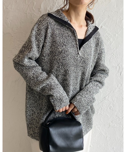She's Closet（シーズクローゼット）の「ミックスカラーローゲージ長袖ハーフジッププルオーバーバルキーニット（ニット/セーター・レディース・ブラック/オレンジ/モカ/グリーン・FREE）」の7枚目の写真