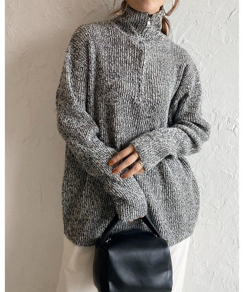 She's Closet（シーズクローゼット）の「ミックスカラーローゲージ長袖ハーフジッププルオーバーバルキーニット（ニット/セーター・レディース・ブラック/オレンジ/モカ/グリーン・FREE）」の9枚目の写真