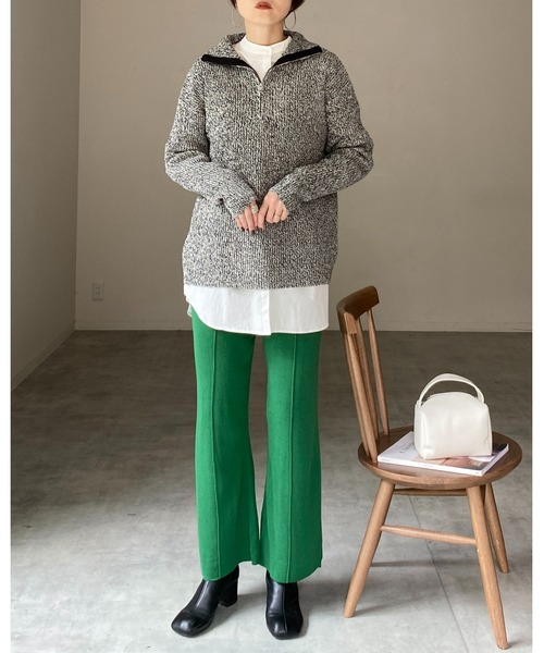 She's Closet（シーズクローゼット）の「ミックスカラーローゲージ長袖ハーフジッププルオーバーバルキーニット（ニット/セーター・レディース・ブラック/オレンジ/モカ/グリーン・FREE）」の12枚目の写真