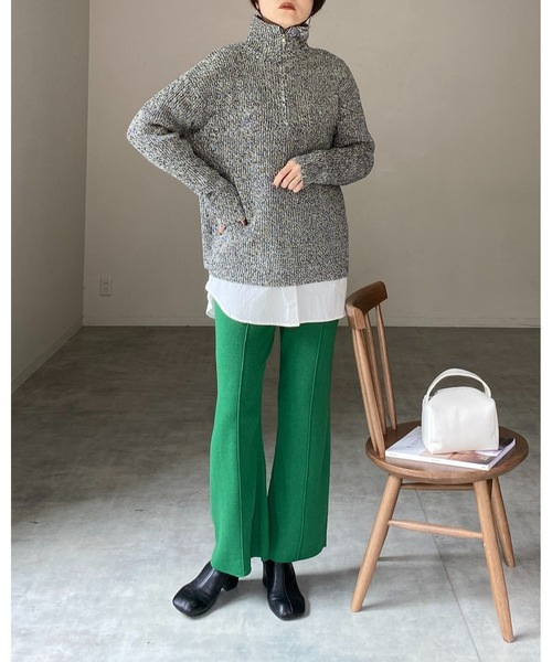 She's Closet（シーズクローゼット）の「ミックスカラーローゲージ長袖ハーフジッププルオーバーバルキーニット（ニット/セーター・レディース・ブラック/オレンジ/モカ/グリーン・FREE）」の14枚目の写真