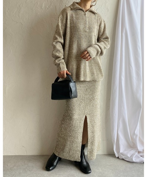 She's Closet（シーズクローゼット）の「ミックスカラーローゲージ長袖ハーフジッププルオーバーバルキーニット（ニット/セーター・レディース・ブラック/オレンジ/モカ/グリーン・FREE）」の15枚目の写真