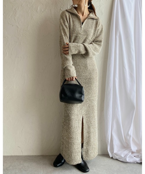 She's Closet（シーズクローゼット）の「ミックスカラーローゲージ長袖ハーフジッププルオーバーバルキーニット（ニット/セーター・レディース・ブラック/オレンジ/モカ/グリーン・FREE）」の17枚目の写真