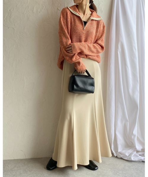 She's Closet（シーズクローゼット）の「ミックスカラーローゲージ長袖ハーフジッププルオーバーバルキーニット（ニット/セーター・レディース・ブラック/オレンジ/モカ/グリーン・FREE）」の20枚目の写真