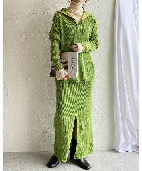 She's Closet（シーズクローゼット）の「ミックスカラーローゲージ長袖ハーフジッププルオーバーバルキーニット（ニット/セーター・レディース・ブラック/オレンジ/モカ/グリーン・FREE）」の22枚目の写真