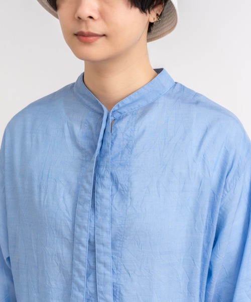 yuni キャッチワッシャー 2WAYギャザー ぺプラム ブラウス サックス NEW】キャッワッシャー2WAYギャザーカラーショートブラウス