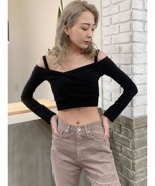 GYDA（ジェイダ）の「2WAYカシュクールデザイン オフショルトップス（Tシャツ/カットソー・レディース・グリーン/ブラック/オフホワイト・FREE）」の3枚目の写真