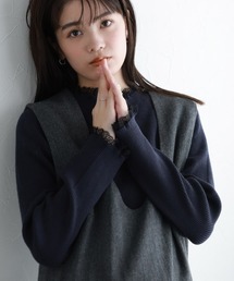 レース付クルーネックリブニット