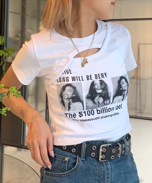 SHAGGIE(シャギー)の「カットアウトフロントプリントショート丈Tシャツ(Tシャツ/カットソー・レディース・ブラック/グレー/ホワイト・FREE)」の15枚目の写真