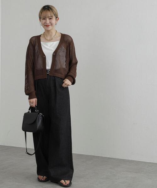 coen(コーエン)の「Vネックメッシュカーディガン(カーディガン/ボレロ・レディース・ブラック/ホワイト/モカ・M/L)」の7枚目の写真