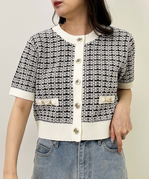 送料350円 シャネル 40 半袖 ニット カーディガン ボーダー コットン レディース 白 × 黒 参考価格8万円 同梱NG セール ツィーディーニットカーディガン （ニット・セーター