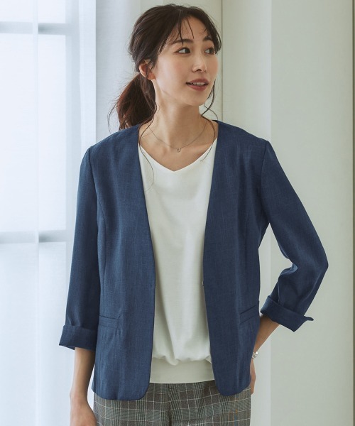 7days Life Styling（セブンデイズライフスタイリング）の「【品番振替】洗える麻調合繊７分袖ストレッチノーカラージャケット（接触冷感・防しわ・ストレッチ・UVカット）（ノーカラージャケット・レディース・ベージュ系/ネイビー系1/ライトグレー系/ネイビー系・L/M/S/LL）」の4枚目の写真