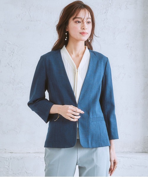 7days Life Styling（セブンデイズライフスタイリング）の「【品番振替】洗える麻調合繊７分袖ストレッチノーカラージャケット（接触冷感・防しわ・ストレッチ・UVカット）（ノーカラージャケット・レディース・ベージュ系/ネイビー系1/ライトグレー系/ネイビー系・L/M/S/LL）」の14枚目の写真