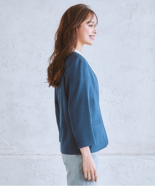 7days Life Styling（セブンデイズライフスタイリング）の「【品番振替】洗える麻調合繊７分袖ストレッチノーカラージャケット（接触冷感・防しわ・ストレッチ・UVカット）（ノーカラージャケット・レディース・ベージュ系/ネイビー系1/ライトグレー系/ネイビー系・L/M/S/LL）」の15枚目の写真