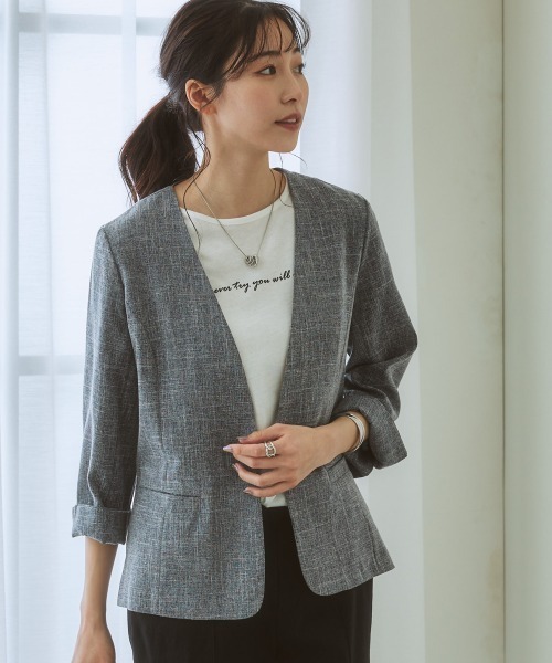 7days Life Styling（セブンデイズライフスタイリング）の「【品番振替】洗える麻調合繊７分袖ストレッチノーカラージャケット（接触冷感・防しわ・ストレッチ・UVカット）（ノーカラージャケット・レディース・ベージュ系/ネイビー系1/ライトグレー系/ネイビー系・L/M/S/LL）」の17枚目の写真