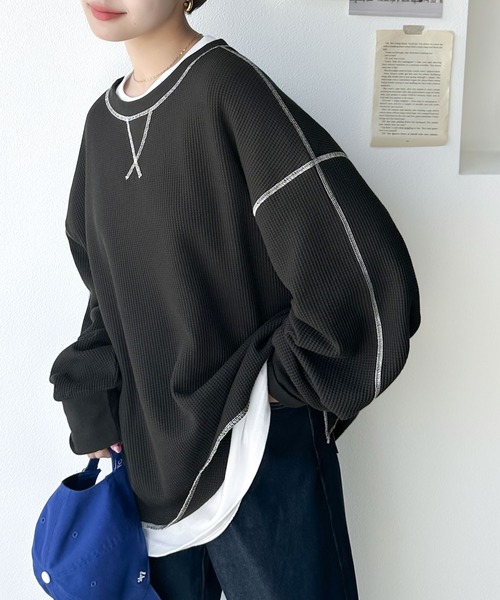 Java（ジャバ）の「《JaVaジャバ 別注》シンプルなのに格上げ。2way配色ワッフルロンTee（Tシャツ/カットソー・レディース・ライトグレー/ブラック/ベージュ/イエロー/ブルー/アイボリー/カーキブラウン/スモークピンク・SMALL/MEDIUM/LARGE/X-LARGE）」の14枚目の写真