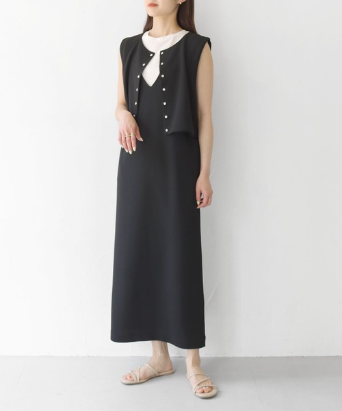 HER CLOSET(ハークローゼット)の「【Vingtrois】レイヤード風ジャンパースカート(ジャンパースカート・レディース・ダークグリーン/ブラック/モカ・M)」の1枚目の写真