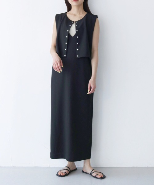 HER CLOSET(ハークローゼット)の「【Vingtrois】レイヤード風ジャンパースカート(ジャンパースカート・レディース・ダークグリーン/ブラック/モカ・M)」の4枚目の写真