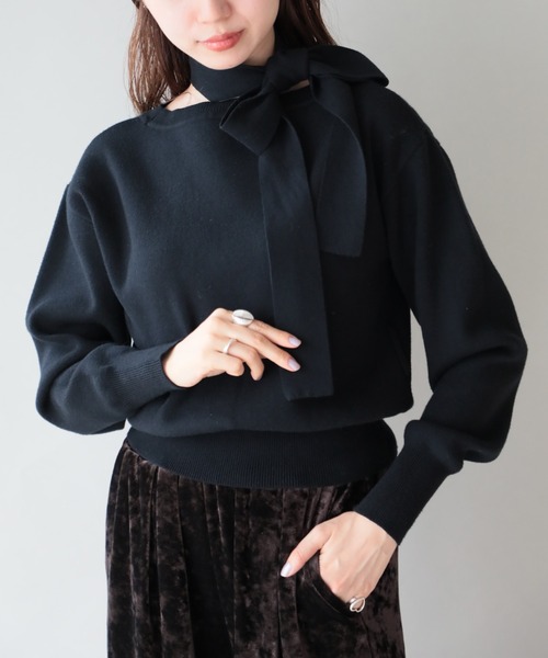 SETUP7（セットアップセブン）の「SWEET掲載商品　谷まりあさん着用【SETUP7】2WAY RIBBON KNIT TOPS リボンニットトップス style moment+ knit（Tシャツ/カットソー・レディース・ブラック/アイボリー/グレー・L/M）」の5枚目の写真