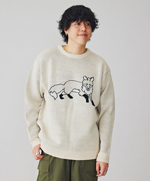 B.C STOCK(ベーセーストック)の「【THE FOX/ザフォックス】 別注 ジャガードフォックスニット(ニット/セーター・メンズ・ネイビー/ベージュ・MEDIUM/LARGE)」の2枚目の写真