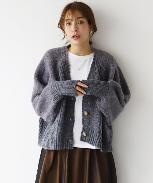 REAL CUBE（リアルキューブ）の「リングヤーンウール混カーディガン（カーディガン/ボレロ・レディース・ベージュ/ライム/チャコールグレー/アイボリー・M）」の3枚目の写真