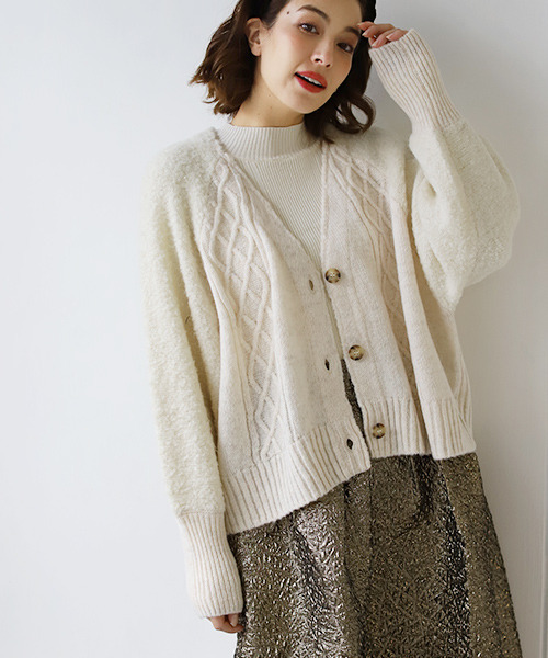 REAL CUBE（リアルキューブ）の「リングヤーンウール混カーディガン（カーディガン/ボレロ・レディース・ベージュ/ライム/チャコールグレー/アイボリー・M）」の2枚目の写真