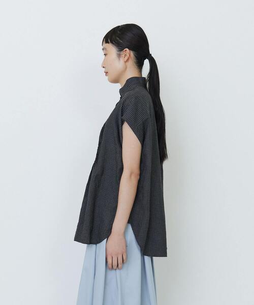 美品 LOISIR ロワズィール コットンリネン チェックバンドカラーシャツ 美品 LOISIR ロワズィール コットンリネン チェックバンドカラー