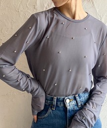She's Closet（シーズクローゼット）の「ラインストーンビジュー付き長袖メッシュシアートップス（Tシャツ/カットソー）」