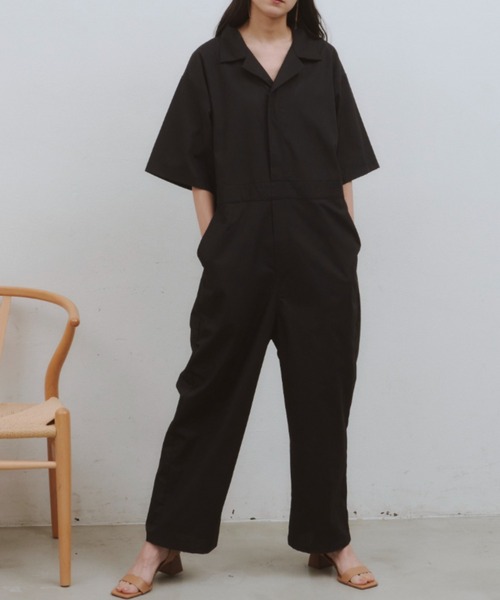 コットン ワーク ジャンプスーツ 2色 つなぎ 夏 韓国 nr9401 open collar cotton linen belted l/s jump suit / コットン