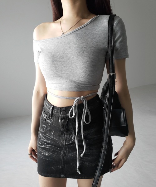 me+em select(ミームセレクト)の「※※【 3color 】ストラップリボンワンショルショートTシャツ / strap ribbon one shoulder short Tee(Tシャツ/カットソー・レディース・グレー/ホワイト/ブラック・FREE)」の8枚目の写真