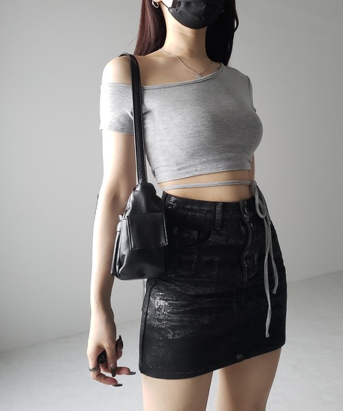 me+em select(ミームセレクト)の「※※【 3color 】ストラップリボンワンショルショートTシャツ / strap ribbon one shoulder short Tee(Tシャツ/カットソー・レディース・グレー/ホワイト/ブラック・FREE)」の11枚目の写真