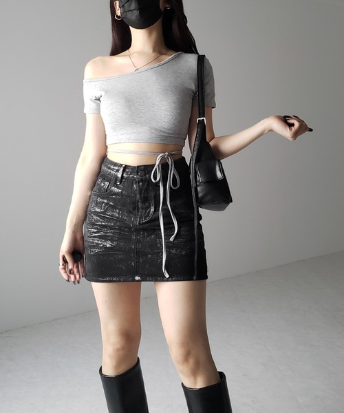 me+em select(ミームセレクト)の「※※【 3color 】ストラップリボンワンショルショートTシャツ / strap ribbon one shoulder short Tee(Tシャツ/カットソー・レディース・グレー/ホワイト/ブラック・FREE)」の12枚目の写真