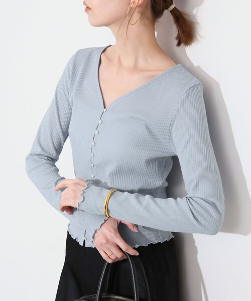 SLOBE IENA(スローブイエナ)の「ランダムテレコ ショートカーディガン(Tシャツ/カットソー・レディース・サックスブルー/イエロー・FREE)」の1枚目の写真