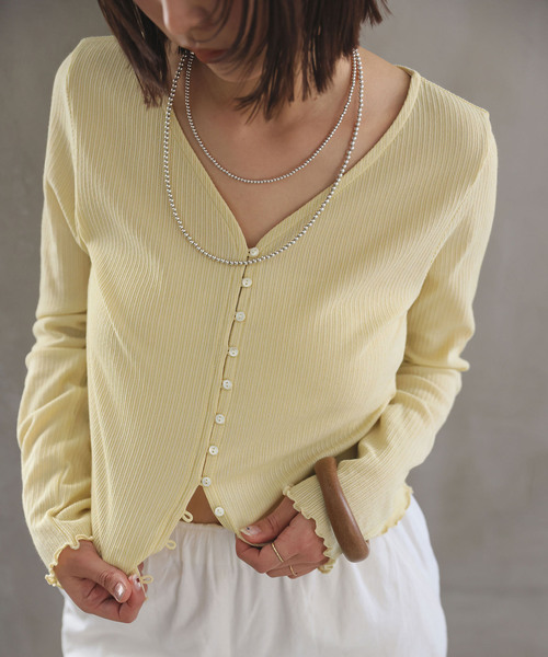 SLOBE IENA(スローブイエナ)の「ランダムテレコ ショートカーディガン(Tシャツ/カットソー・レディース・サックスブルー/イエロー・FREE)」の2枚目の写真
