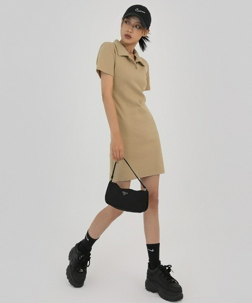 \\美品！一回のみ着用✨//Bandel ポロワンピース ブラック/ベージュ CENEA 薄手配色ラインポロニットワンピース【ペチスカートSET