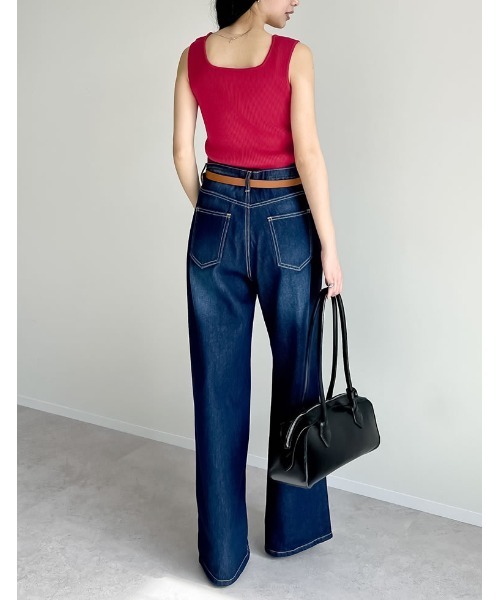 ブラ紐隠し][涼感]レーヨンブレンドスクエアネックリブニットタンク