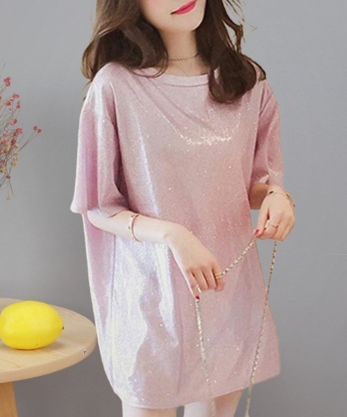 gossip!ロサンゼルス(ゴシップロサンゼルス)の「オーバーサイズ シャイニーTシャツ(Tシャツ/カットソー・レディース・パープル/ピンク/シルバー/ブラック・FREE)」の1枚目の写真
