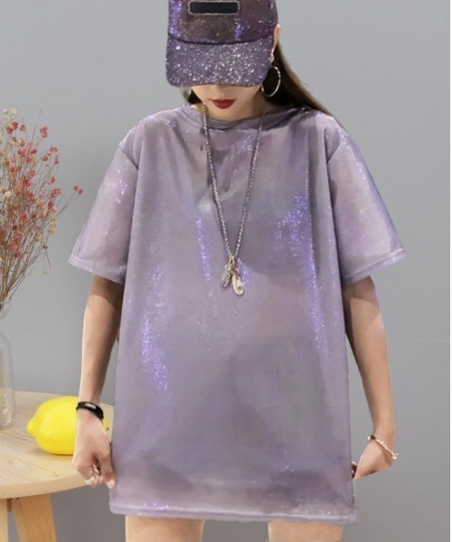 gossip!ロサンゼルス(ゴシップロサンゼルス)の「オーバーサイズ シャイニーTシャツ(Tシャツ/カットソー・レディース・パープル/ピンク/シルバー/ブラック・FREE)」の8枚目の写真