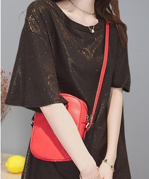 gossip!ロサンゼルス(ゴシップロサンゼルス)の「オーバーサイズ シャイニーTシャツ(Tシャツ/カットソー・レディース・パープル/ピンク/シルバー/ブラック・FREE)」の6枚目の写真