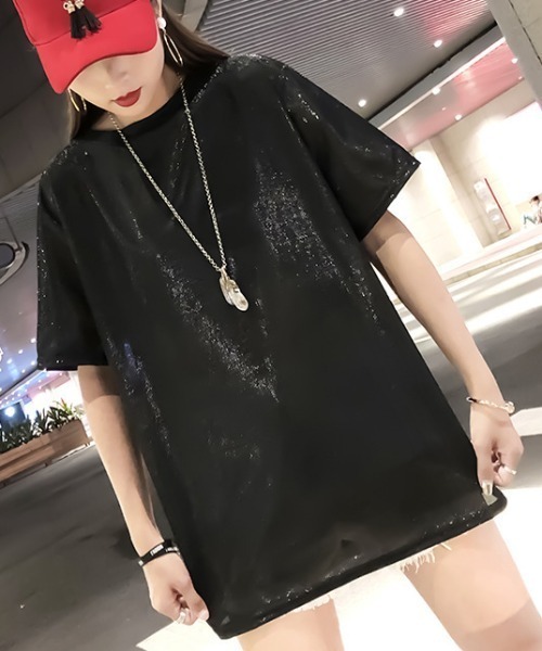 gossip!ロサンゼルス(ゴシップロサンゼルス)の「オーバーサイズ シャイニーTシャツ(Tシャツ/カットソー・レディース・パープル/ピンク/シルバー/ブラック・FREE)」の5枚目の写真