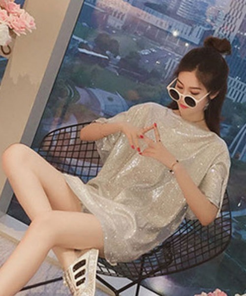 gossip!ロサンゼルス(ゴシップロサンゼルス)の「オーバーサイズ シャイニーTシャツ(Tシャツ/カットソー・レディース・パープル/ピンク/シルバー/ブラック・FREE)」の12枚目の写真