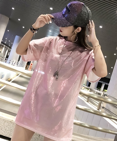 gossip!ロサンゼルス(ゴシップロサンゼルス)の「オーバーサイズ シャイニーTシャツ(Tシャツ/カットソー・レディース・パープル/ピンク/シルバー/ブラック・FREE)」の10枚目の写真