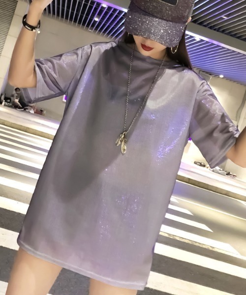 gossip!ロサンゼルス(ゴシップロサンゼルス)の「オーバーサイズ シャイニーTシャツ(Tシャツ/カットソー・レディース・パープル/ピンク/シルバー/ブラック・FREE)」の9枚目の写真