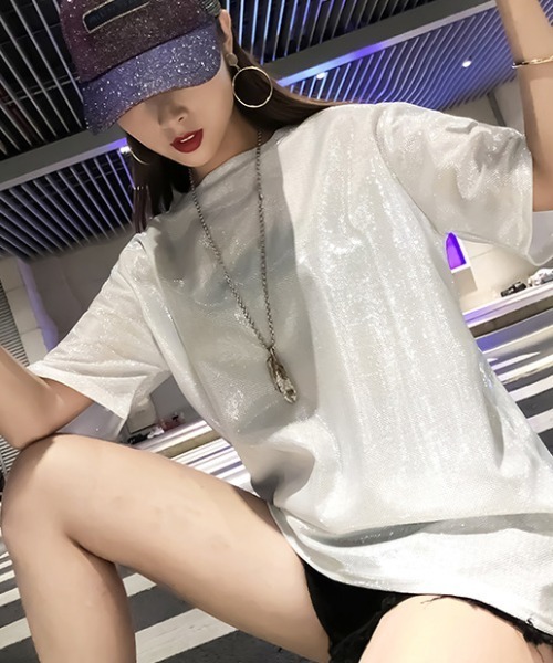 gossip!ロサンゼルス(ゴシップロサンゼルス)の「オーバーサイズ シャイニーTシャツ(Tシャツ/カットソー・レディース・パープル/ピンク/シルバー/ブラック・FREE)」の13枚目の写真
