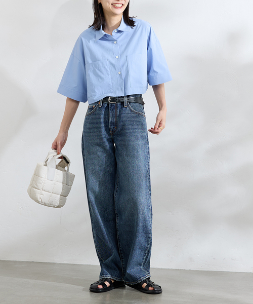 美品 ◆ ジャーナルスタンダード　タイプライターストライプフリルブラウス　ブルー 美品 ◇ ジャーナルスタンダード タイプライターストライプ