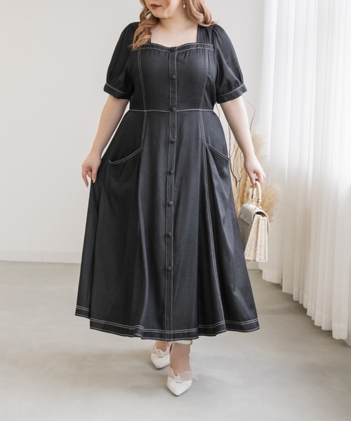 CLETTE(クレット)の「デニム風配色ステッチワンピース(ワンピース・レディース・ネイビー/ブラック・LL/3L/4L)」の2枚目の写真
