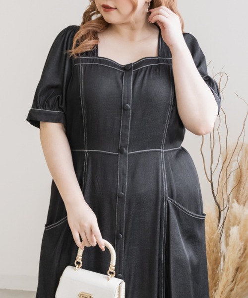 CLETTE(クレット)の「デニム風配色ステッチワンピース(ワンピース・レディース・ネイビー/ブラック・LL/3L/4L)」の6枚目の写真
