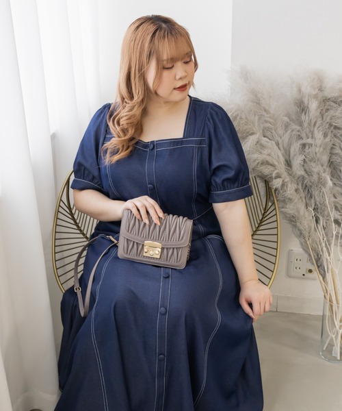 【送料込】デニム ミモレ丈 ステッチ カジュアル ワンピース セール】レーヨンデニムビスチェステッチボリューム袖ワンピース
