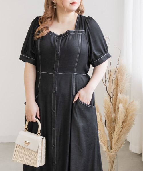 CLETTE(クレット)の「デニム風配色ステッチワンピース(ワンピース・レディース・ネイビー/ブラック・LL/3L/4L)」の5枚目の写真