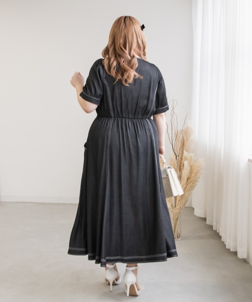 CLETTE(クレット)の「デニム風配色ステッチワンピース(ワンピース・レディース・ネイビー/ブラック・LL/3L/4L)」の7枚目の写真